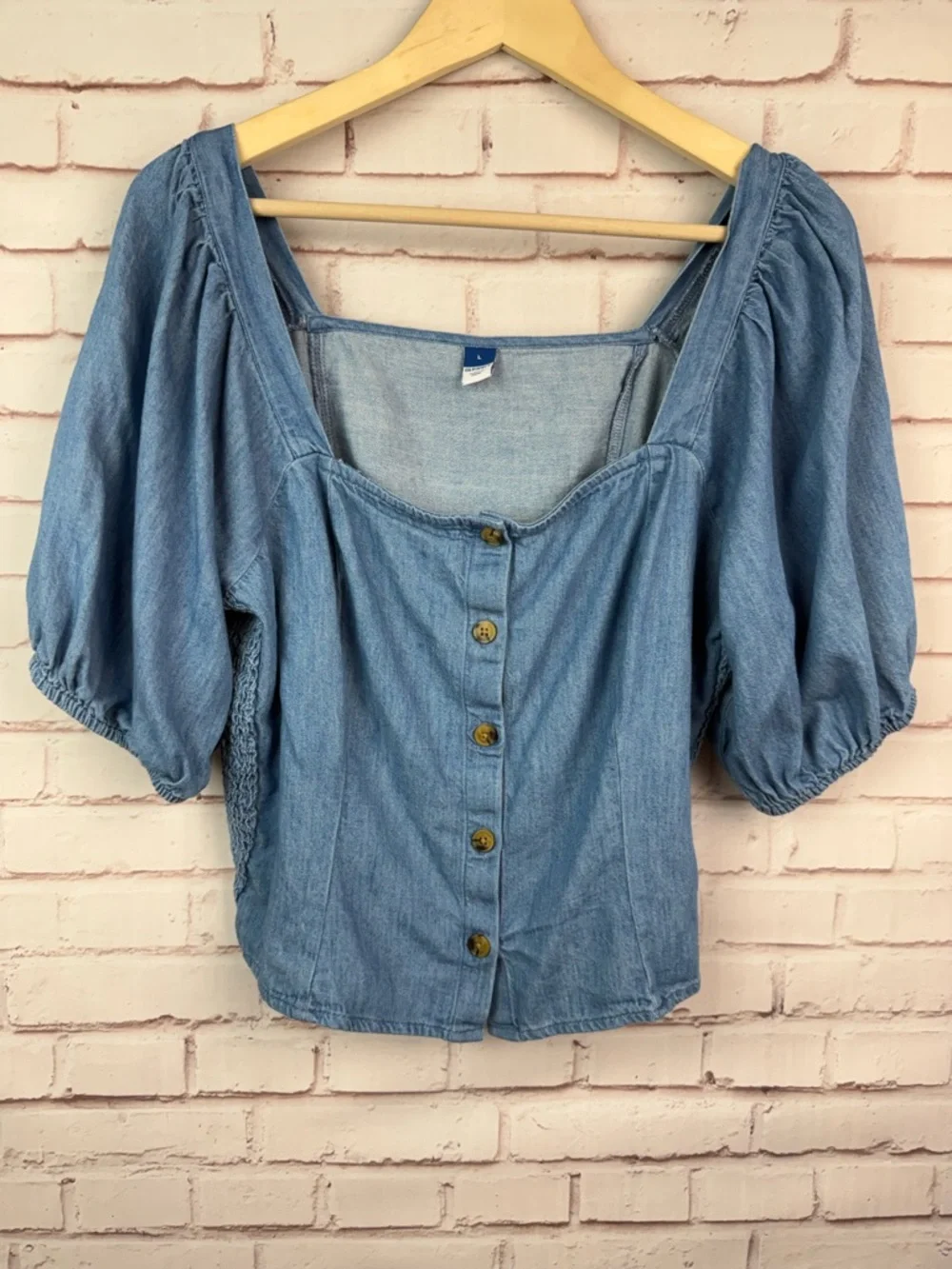 Old Navy Light Blue Denim Puff Sleeve Button Front Top